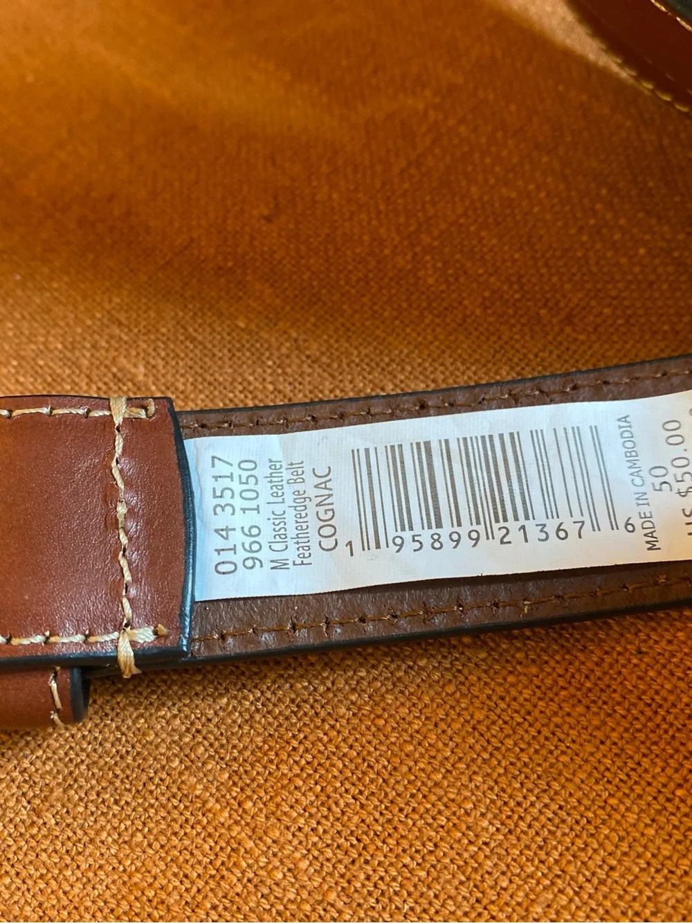 Eddie Bauer Men’s Classic Leather Cognac Featheredge Belt NWT Size 50